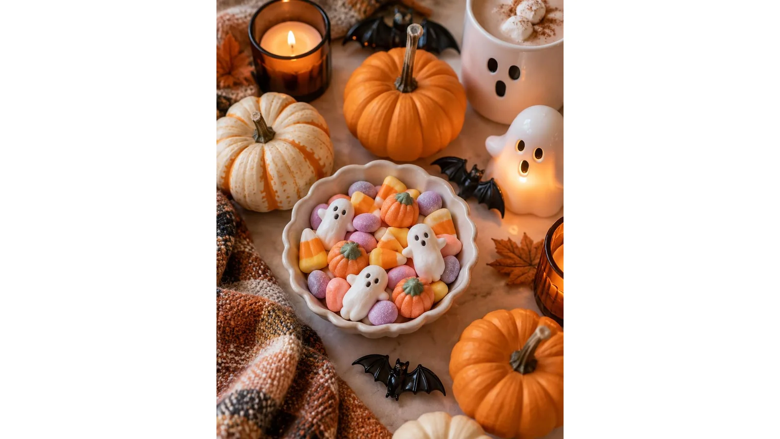 Cute Halloween flatlay with tiny pumpkins, candy corn, and pastel bats.