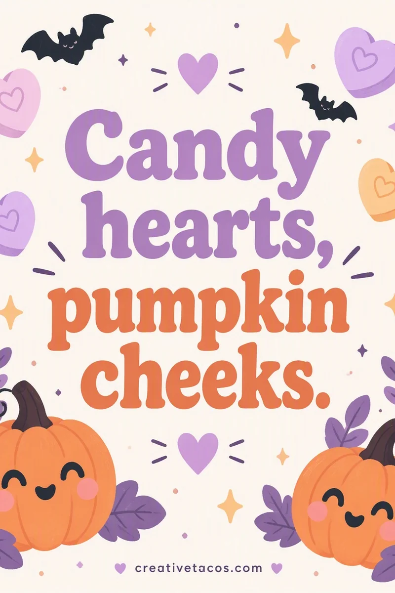 Quote card: Candy hearts, pumpkin cheeks.