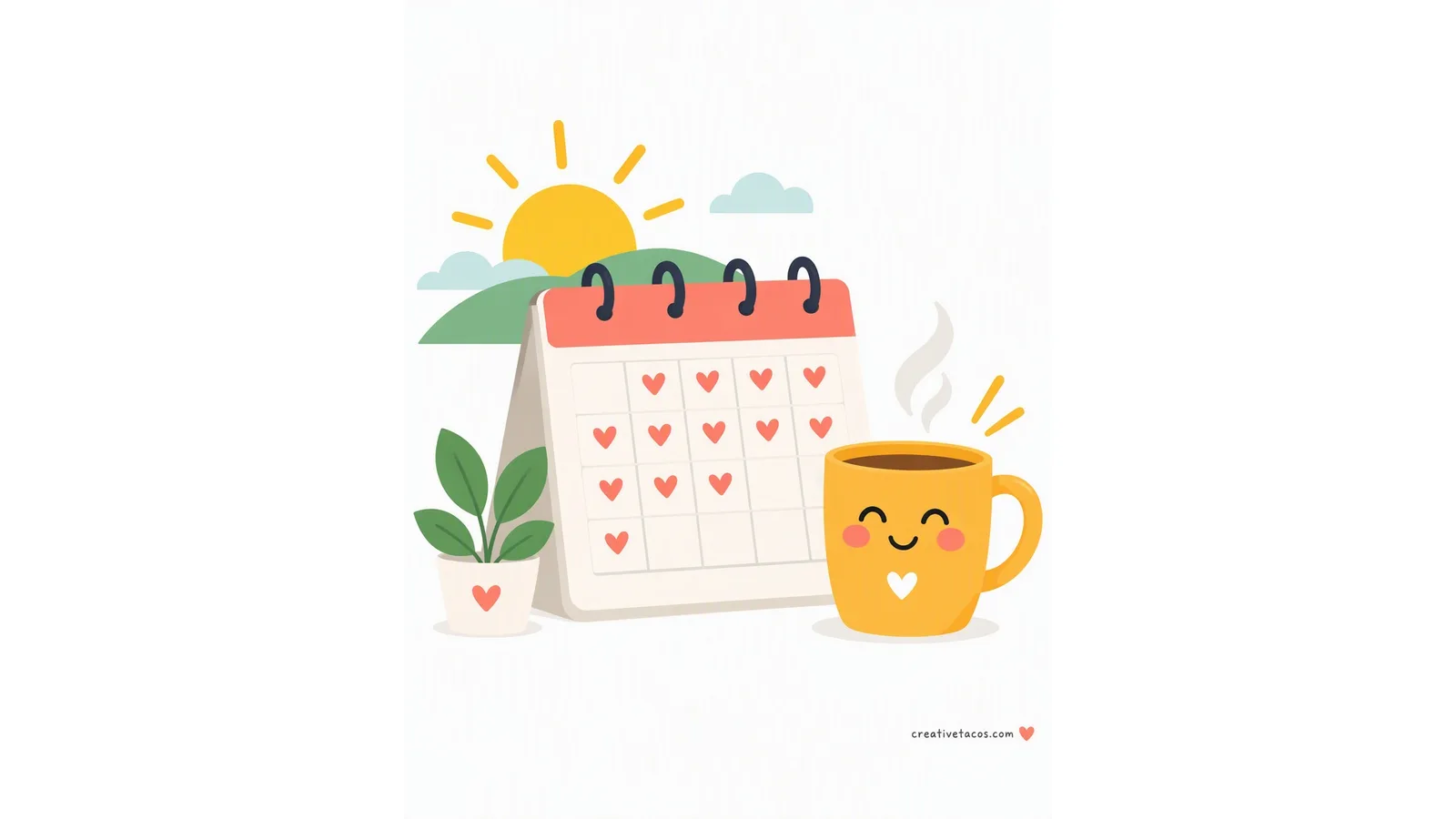 White-background illustration of a calendar and sunrise for daily positivity