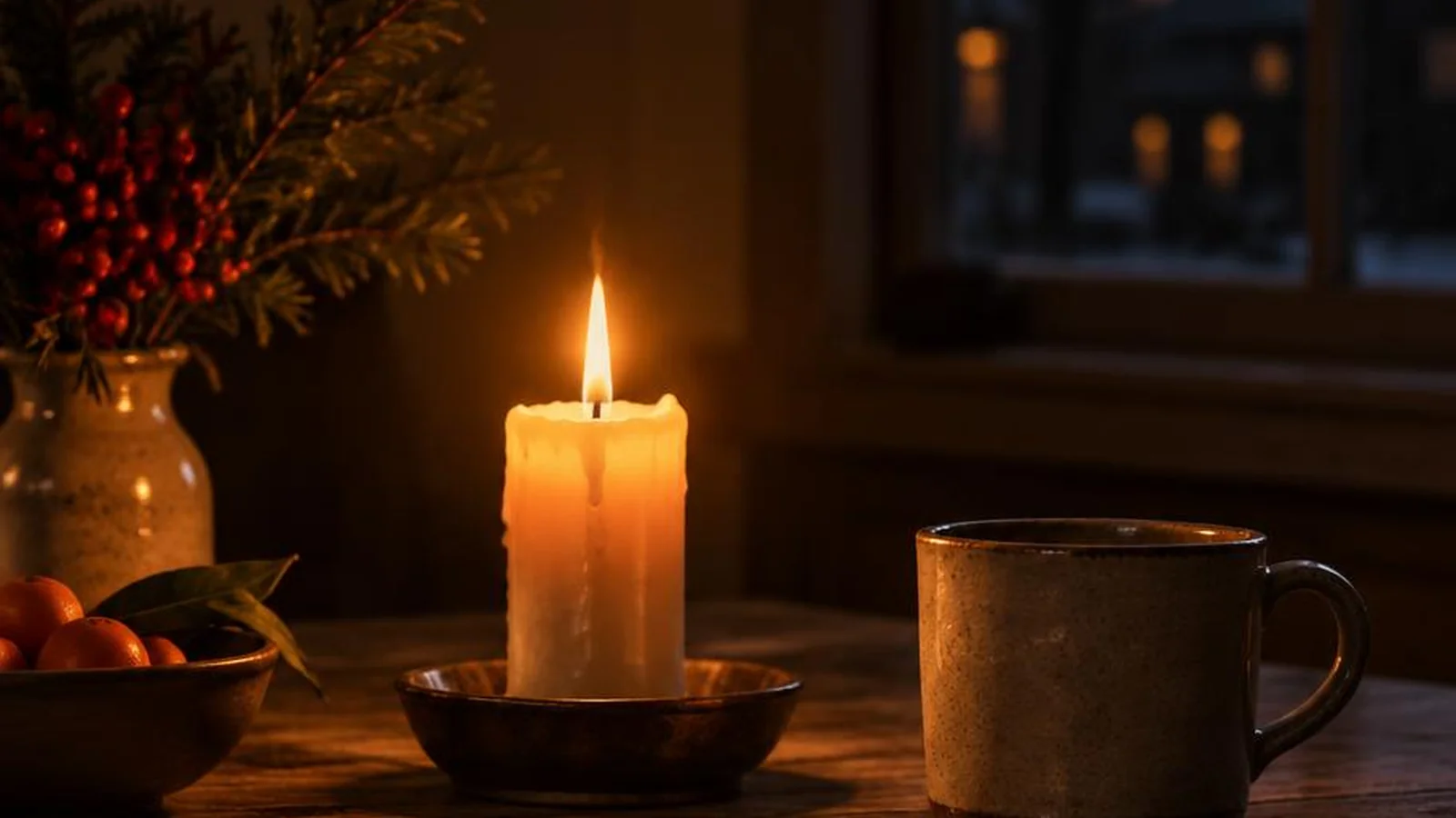 December candlelight on a simple table with evening glow and quiet shadows.