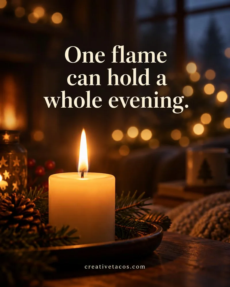 December candlelight quote card with flame glow and a creativetacos.com footer