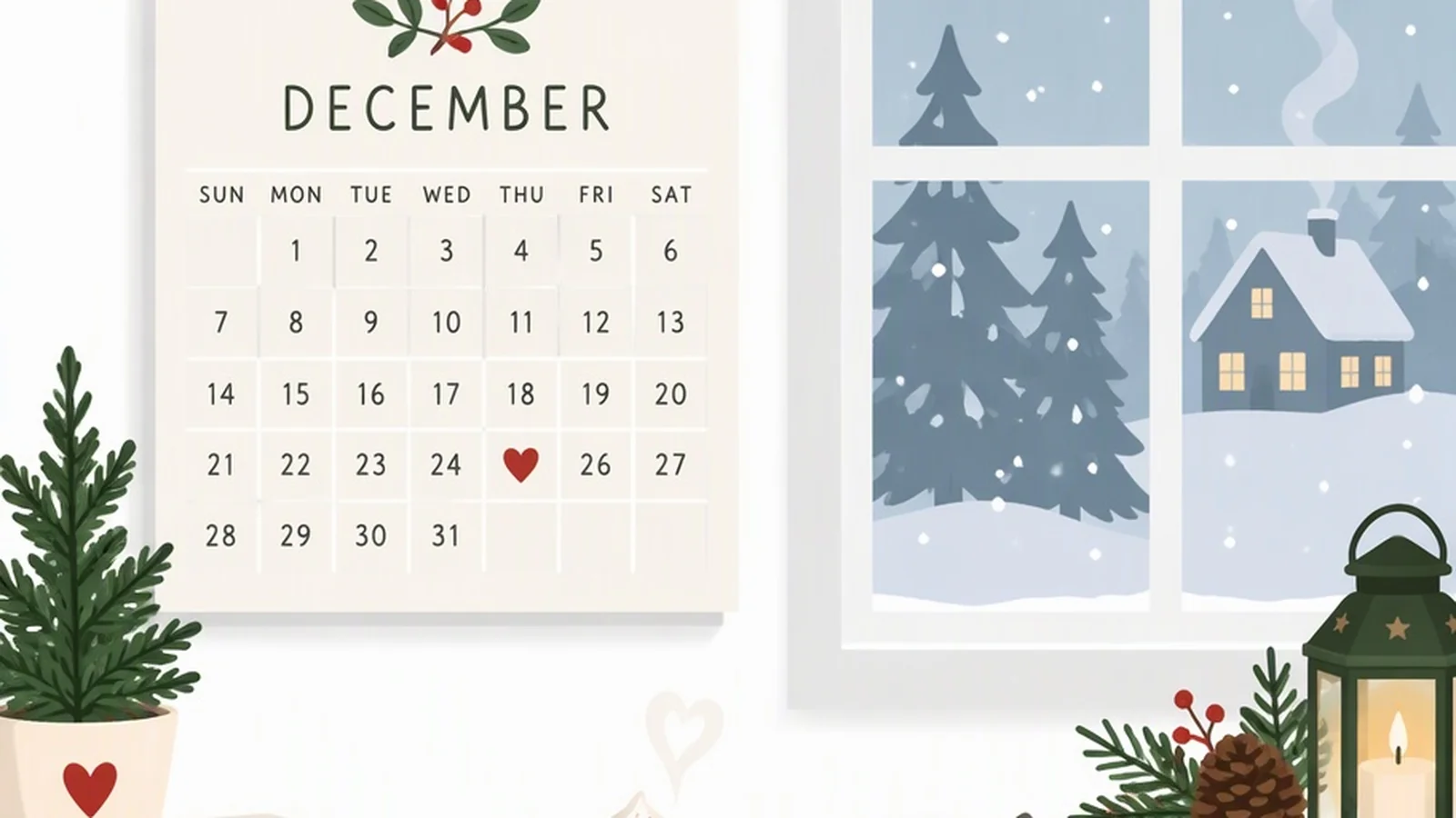 Clean illustration of December lights and a calendar on a white background.