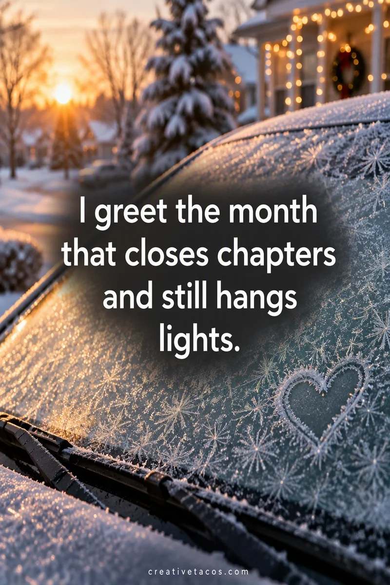 Quote card: I greet the month that closes chapters and still hangs lights.