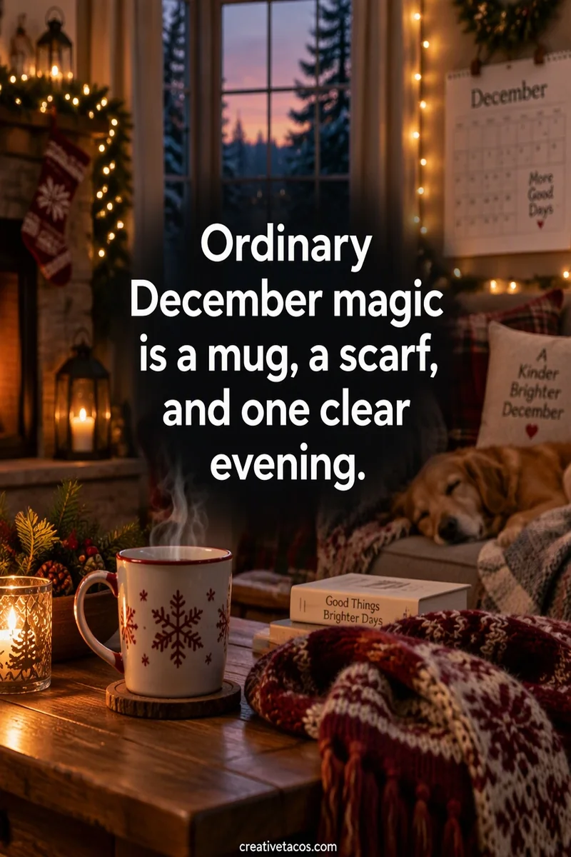 Quote card: Ordinary December magic is a mug, a scarf, and one clear evening.