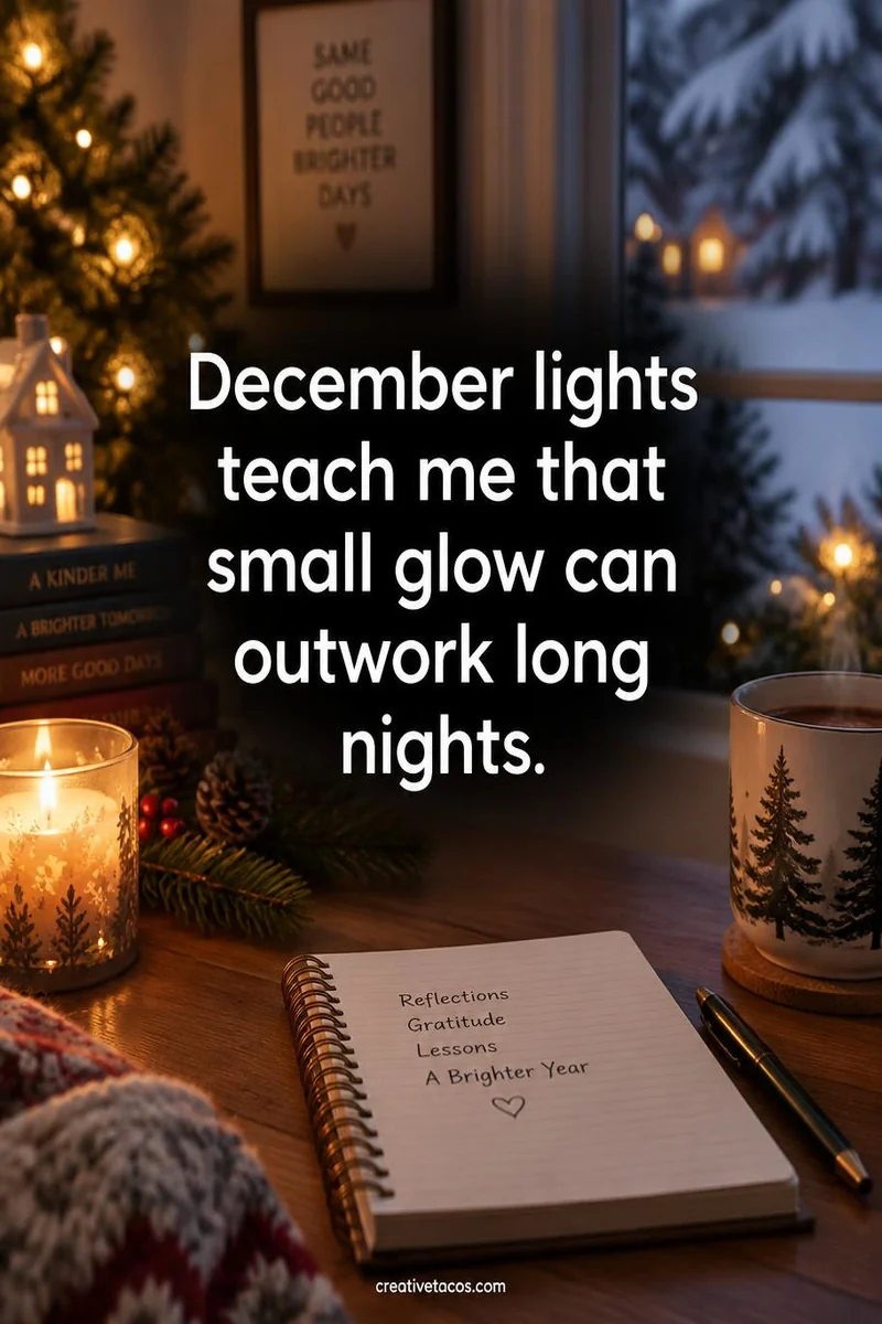 Quote card: December lights teach me that small glow can outwork long nights.
