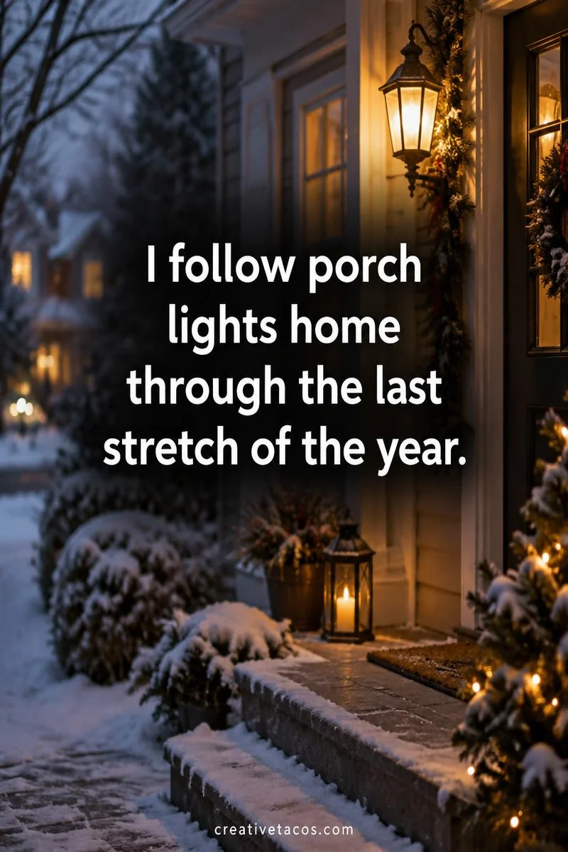 Quote card: I follow porch lights home through the last stretch of the year.