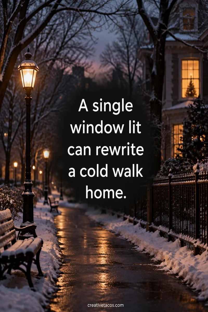 Quote card: A single window lit can rewrite a cold walk home.