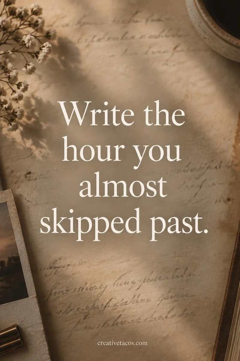 Quote card: Write the hour you almost skipped past.