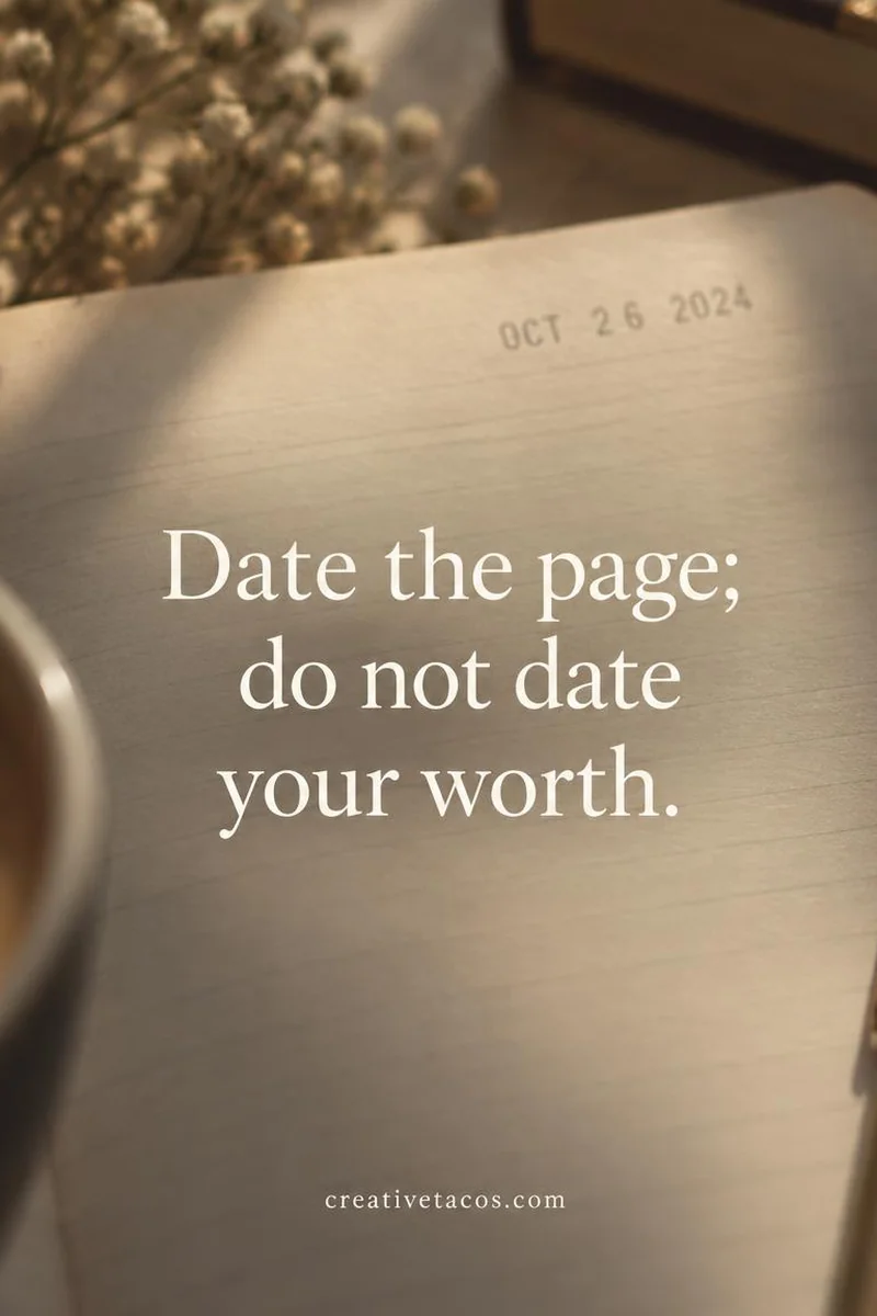 Quote card: Date the page; do not date your worth.