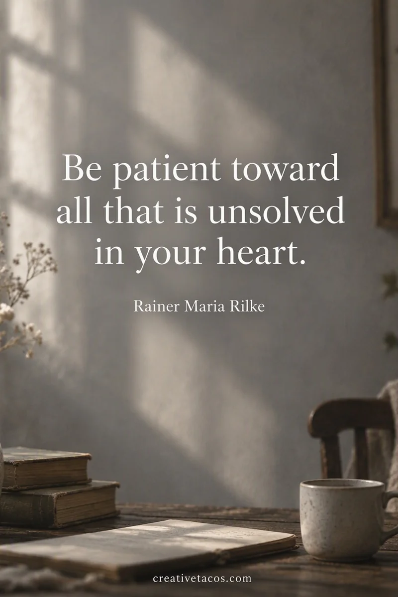 Quote card: Be patient toward all that is unsolved in your heart and try to love the questions themsel