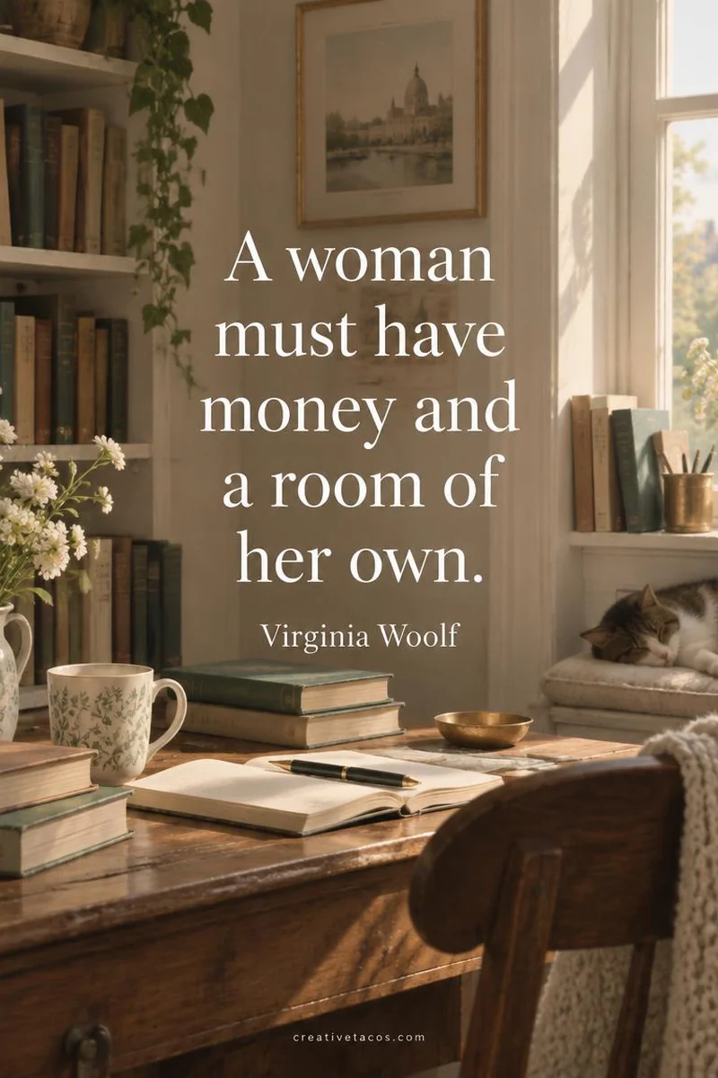 Quote card: A woman must have money and a room of her own if she is to write fiction.