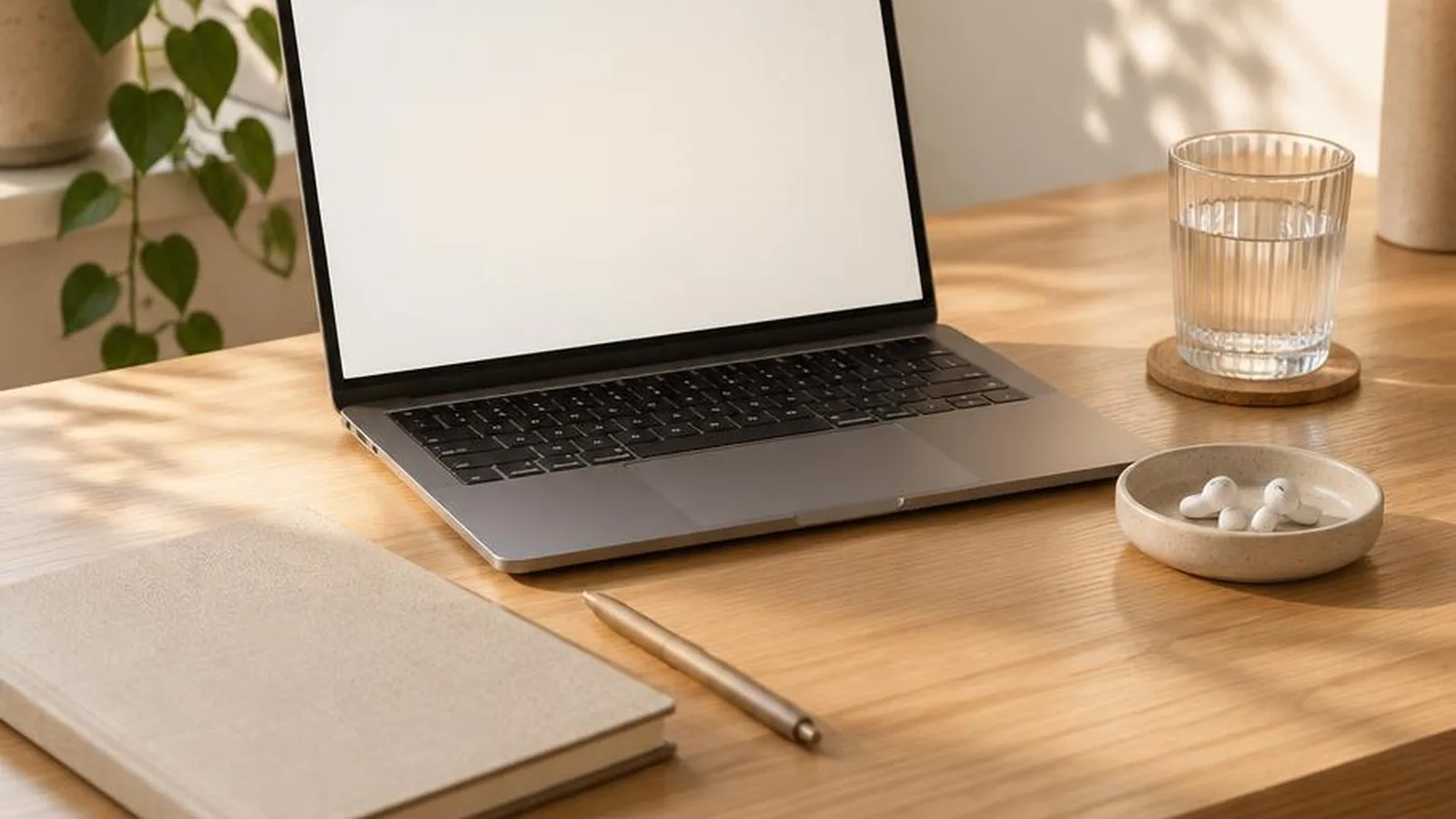 A calmly organized desk with laptop, notebook, and a small tray in soft daylight ready for focused work