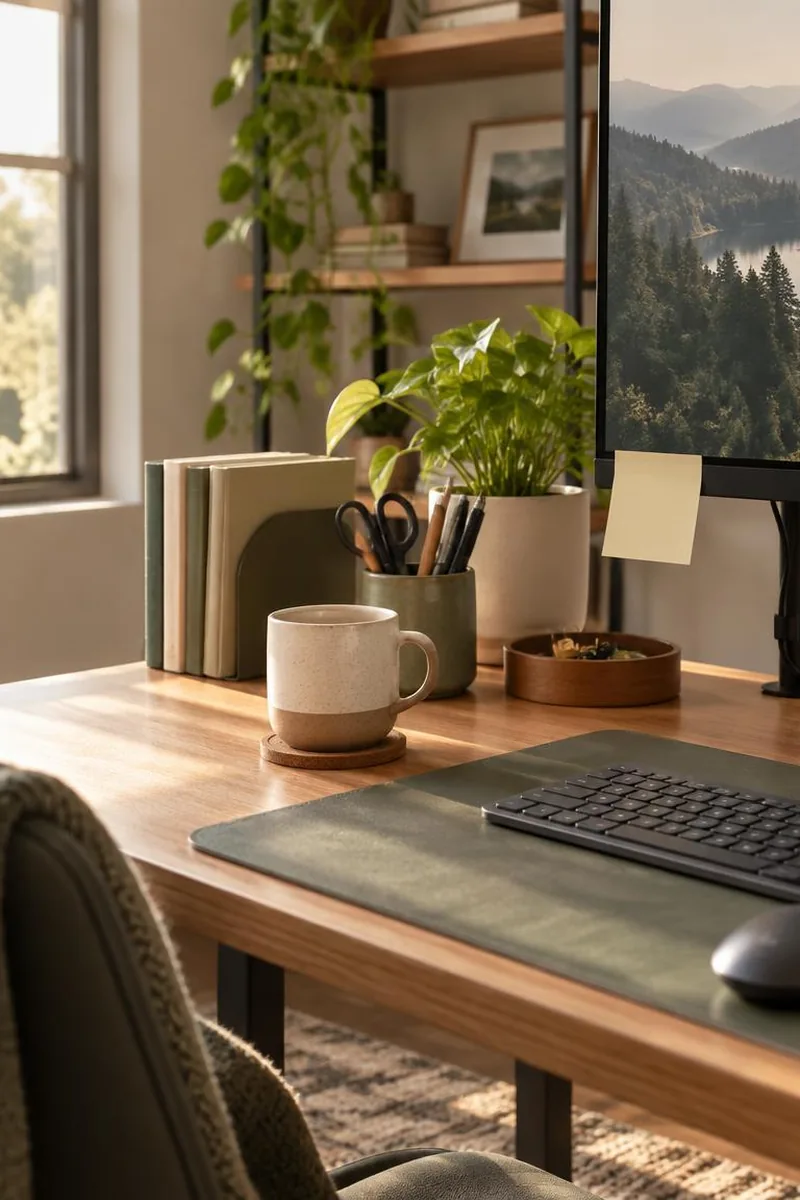 A clean but lived-in desk with laptop, one notebook, a tray for small items, and soft daylight for focus