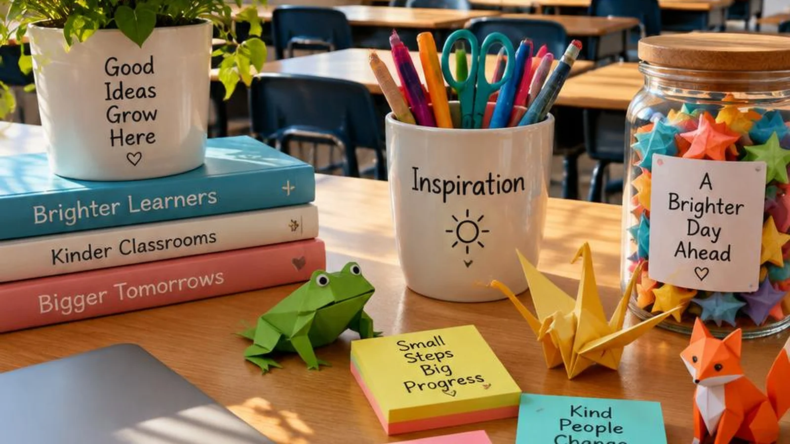 Bright classroom desk with colorful sticky notes paper stars and playful school-safe surprise props