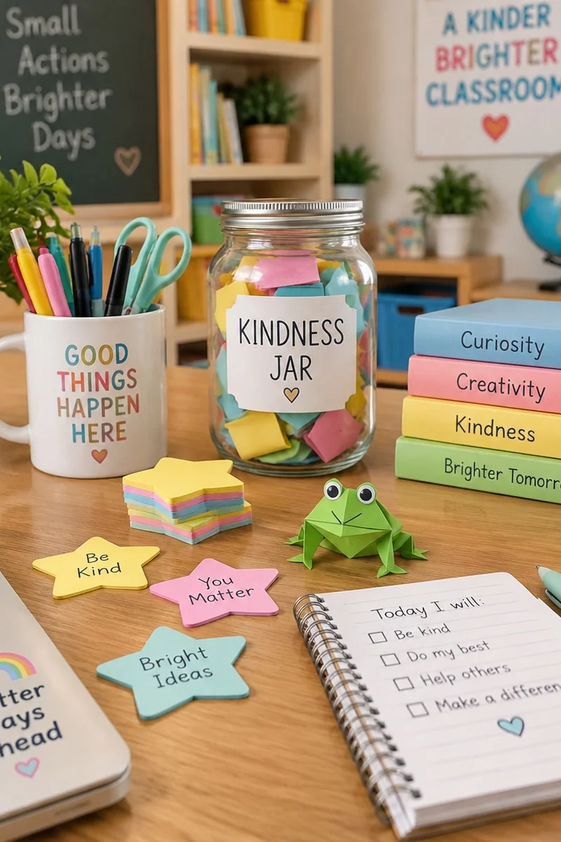 Classroom desk scene with paper stars sticky notes and teacher safe playful props