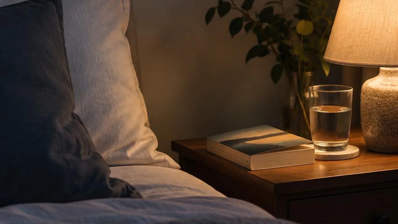 A dim bedroom with a book, glass of water, and lamp light suggesting a calm evening wind-down