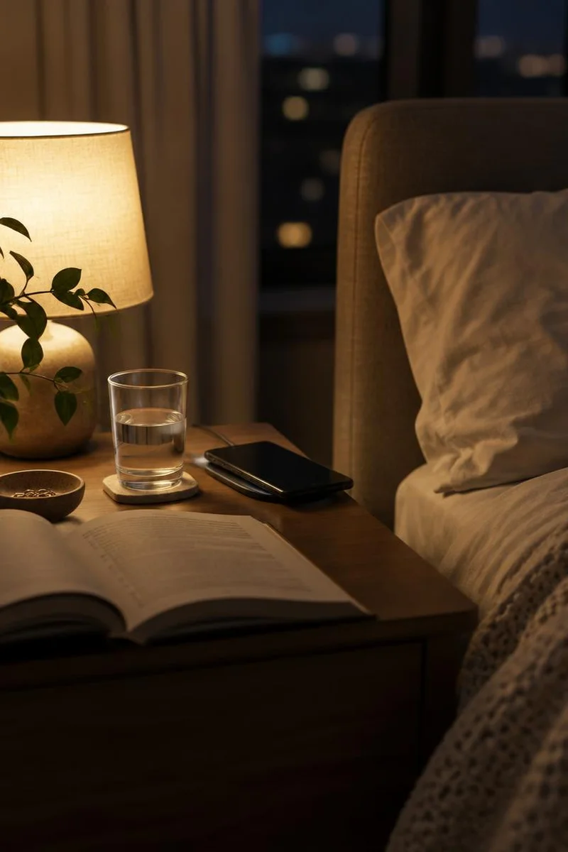 Evening bedside scene with dim lamp, book, water glass, and phone face down on a charger