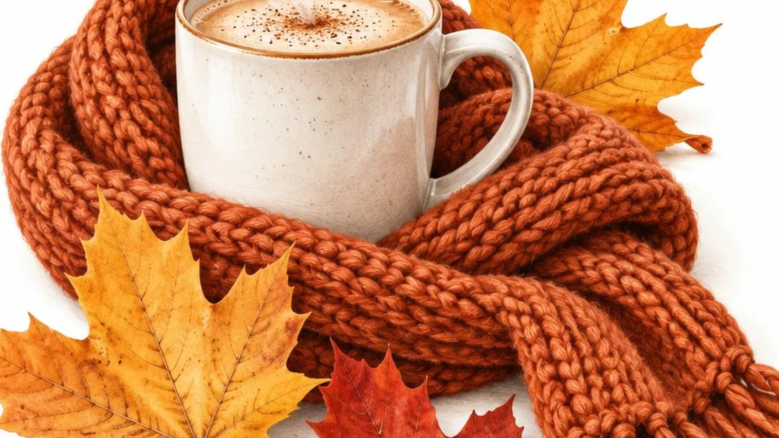 White-background fall illustration with maple leaves, mug, and scarf.