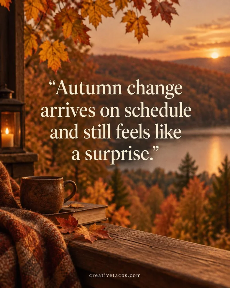 Quote card: Autumn change arrives on schedule and still feels like a surprise.