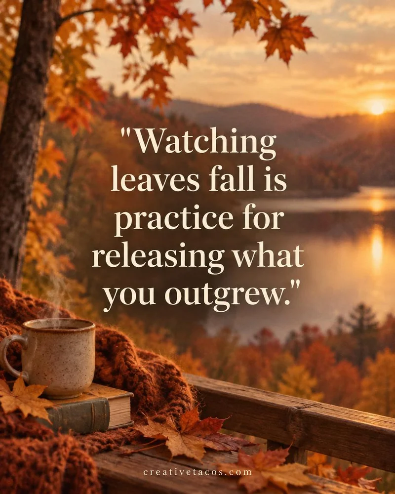 Quote card: Watching leaves fall is practice for releasing what you outgrew.