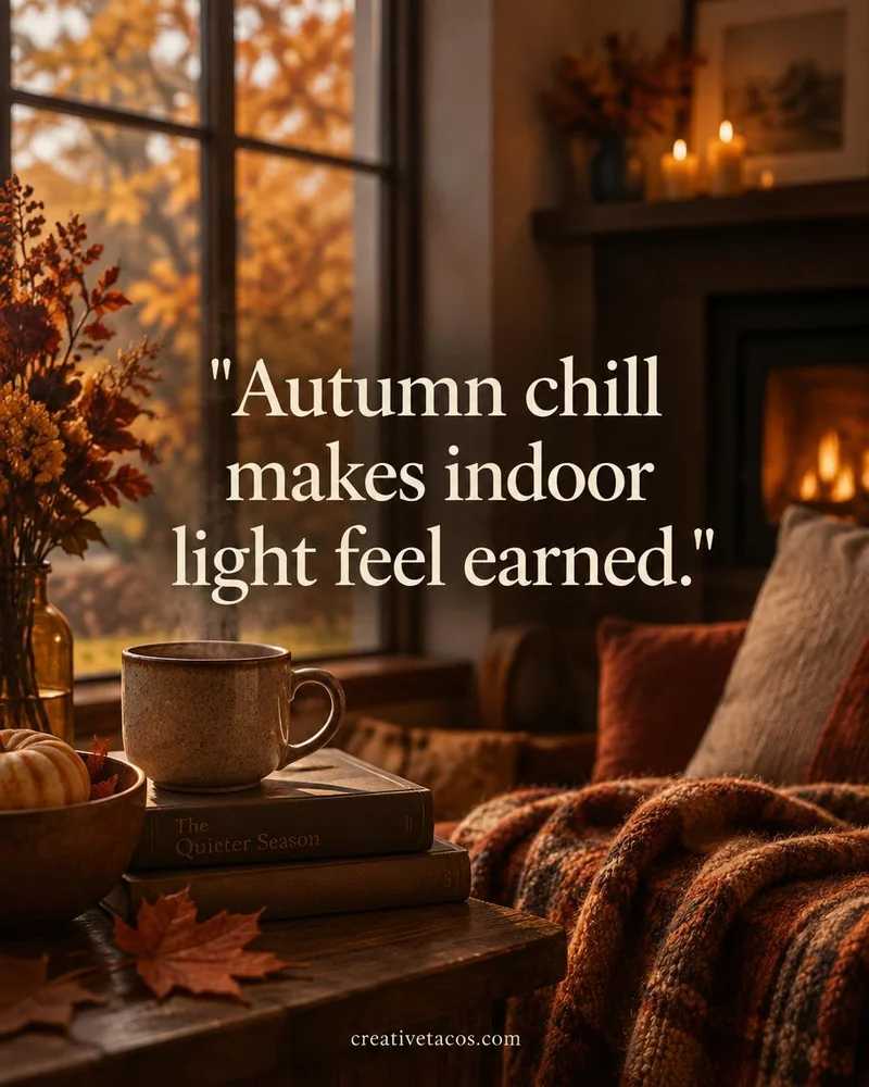 Quote card: Autumn chill makes indoor light feel earned.