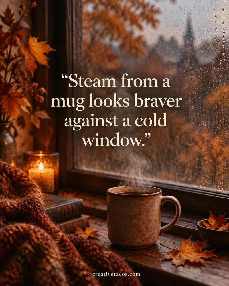 Quote card: Steam from a mug looks braver against a cold window.