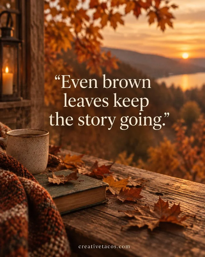 Quote card: Even brown leaves keep the story going.
