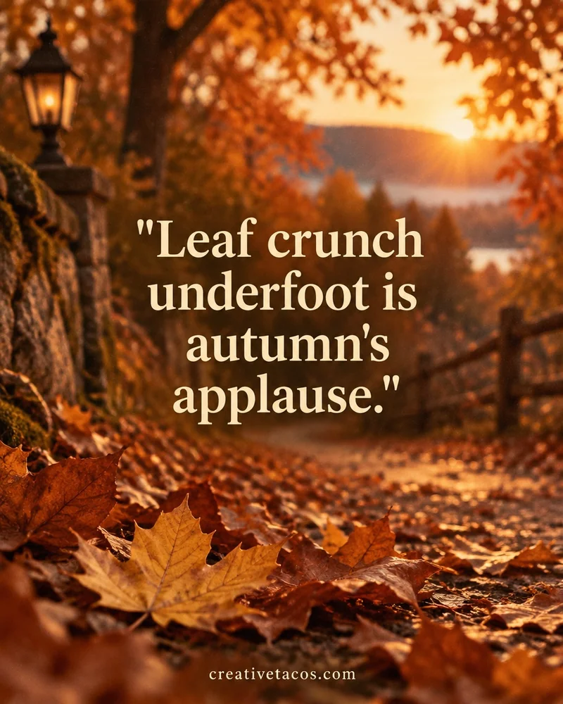 Quote card: Leaf crunch underfoot is autumn's applause.