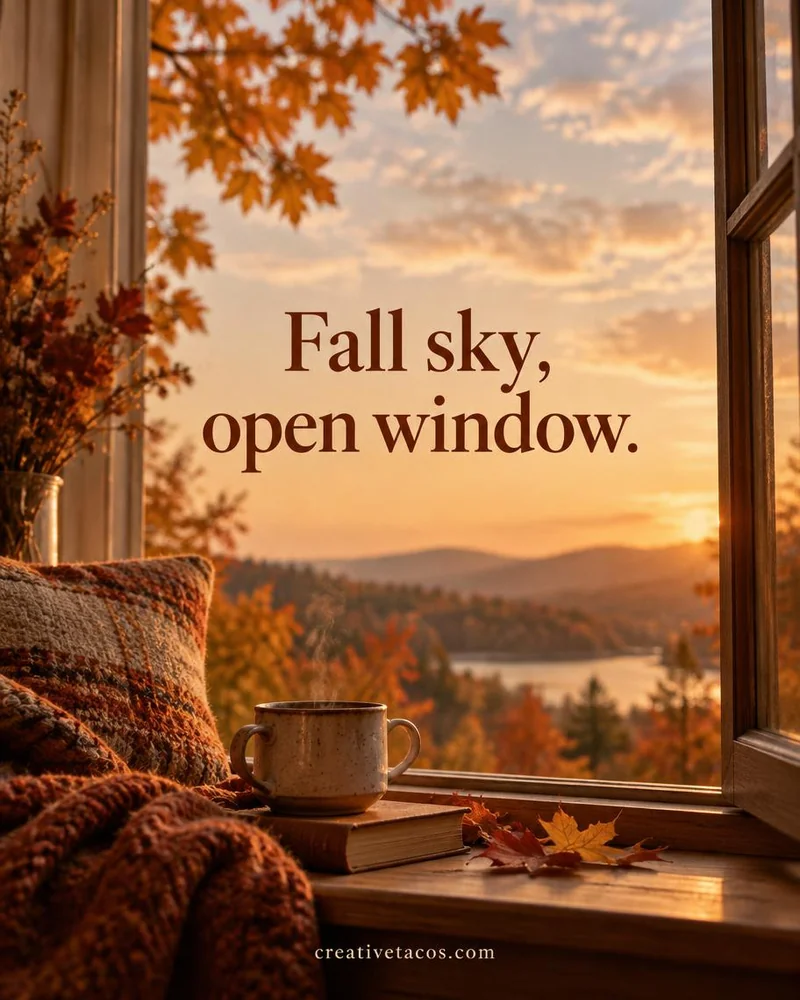 Quote card: Fall sky, open window.