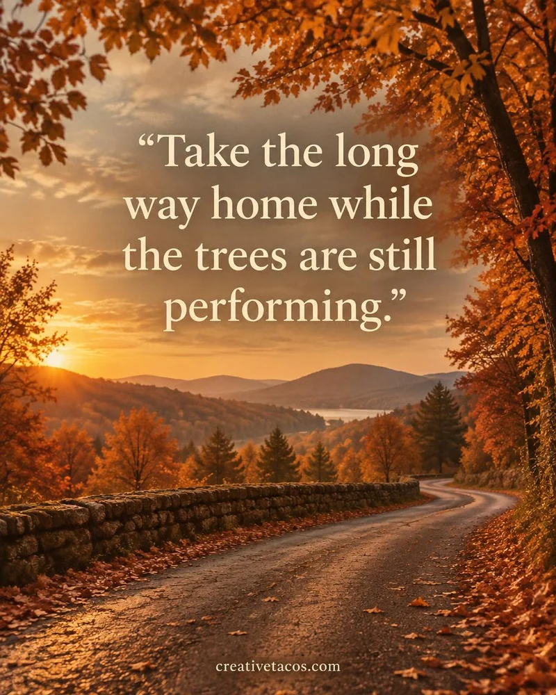 Quote card: Take the long way home while the trees are still performing.
