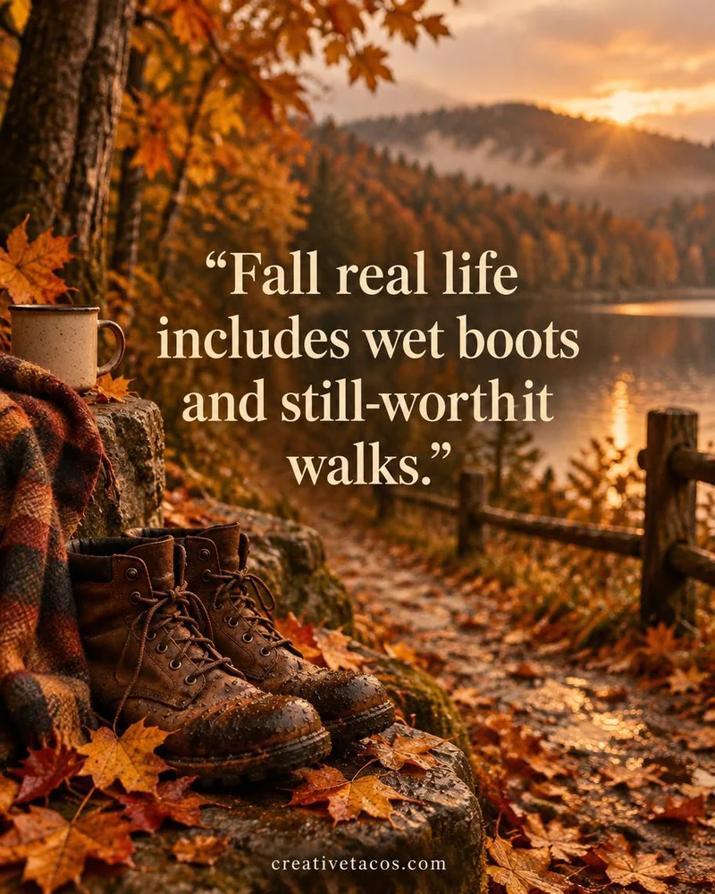 Quote card: Fall real life includes wet boots and still-worth-it walks.