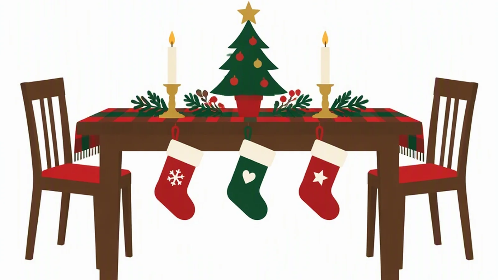 Clean illustration of a family Christmas table and tree on a white background.