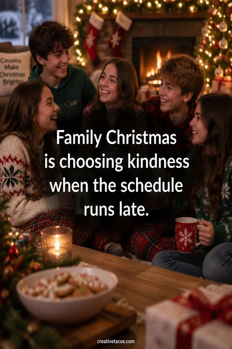 Quote card: Family Christmas is choosing kindness when the schedule runs late.