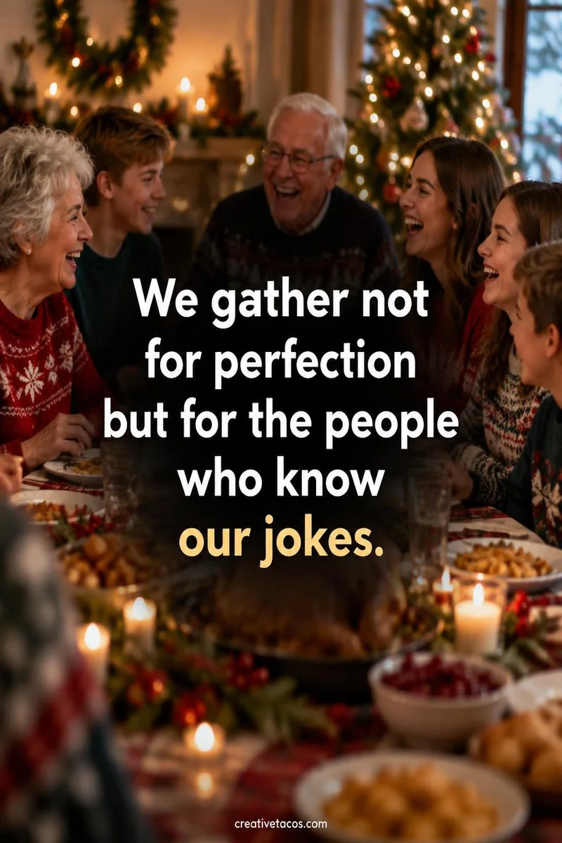 Quote card: We gather not for perfection but for the people who know our jokes.