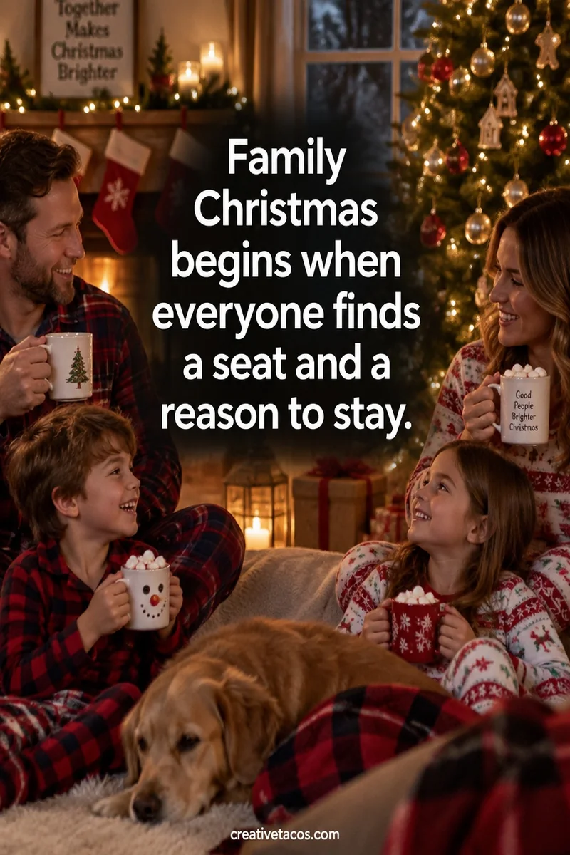 Quote card: Family Christmas begins when everyone finds a seat and a reason to stay.