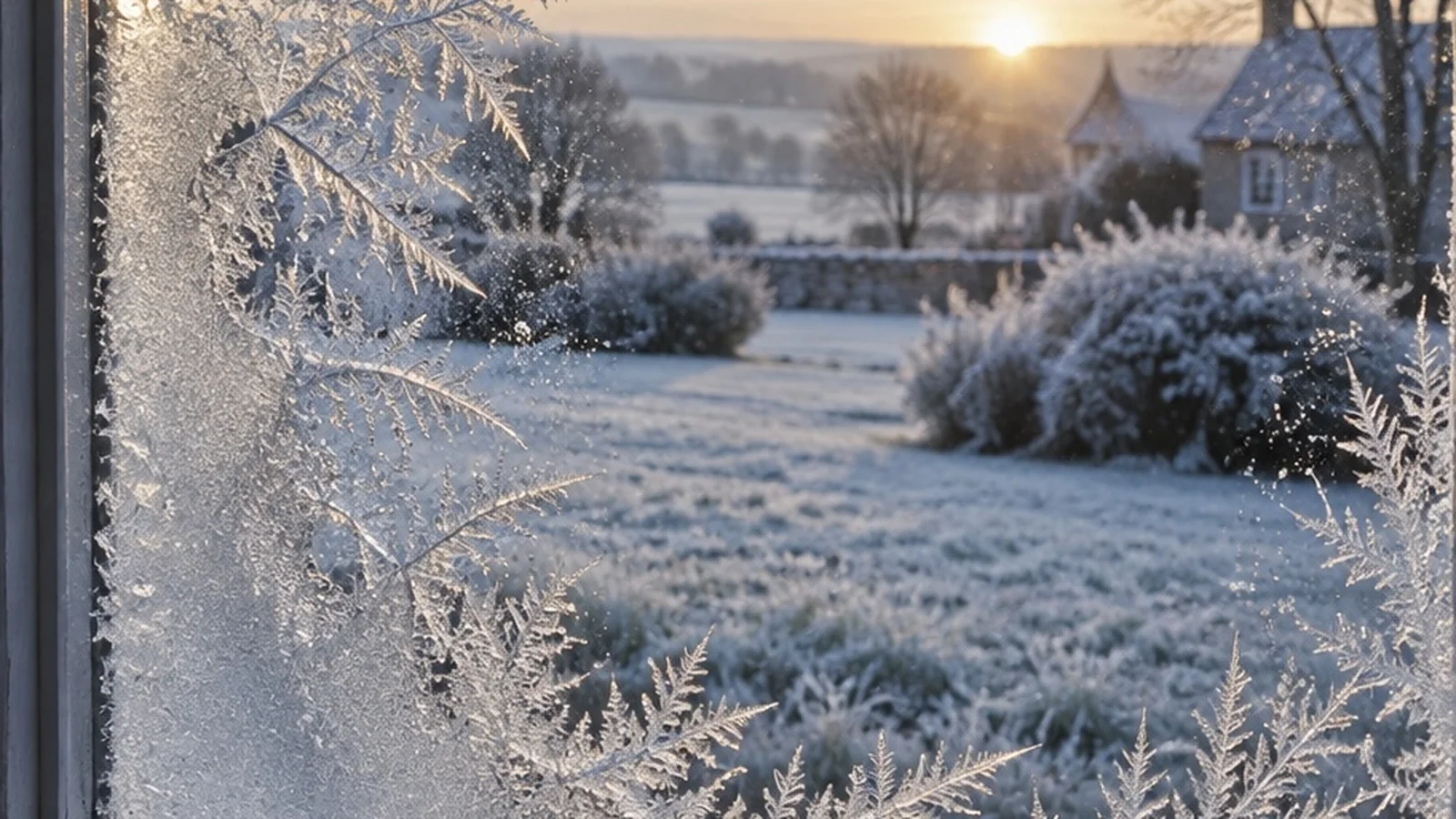 First frost on cold morning glass with silver lawn light outside.
