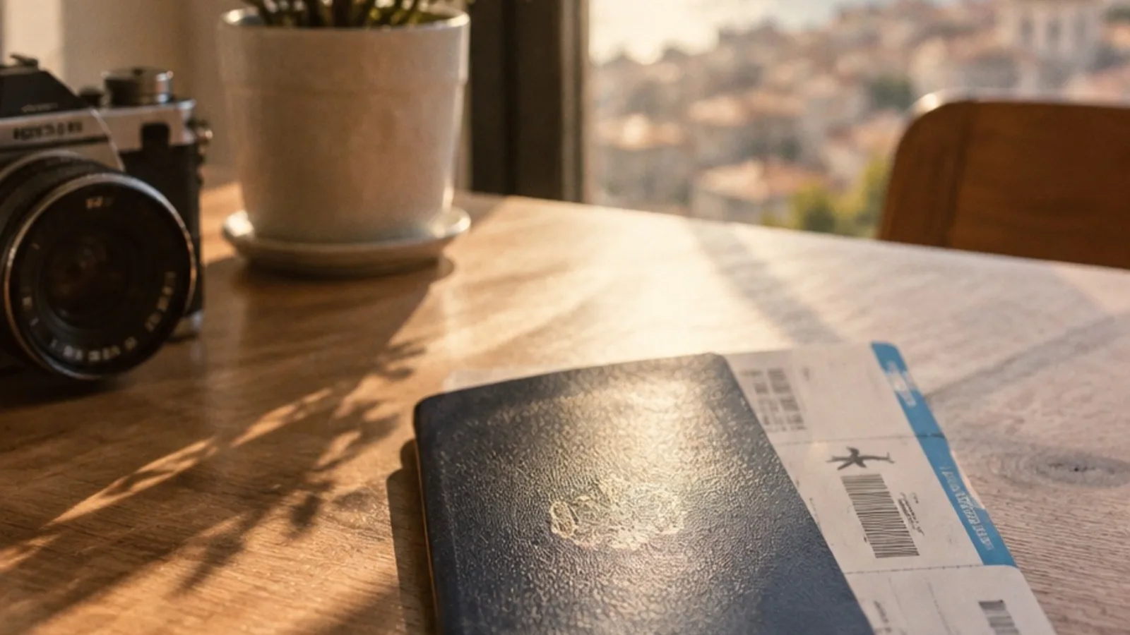 Passport and boarding pass on a sunlit table ready for a first international trip