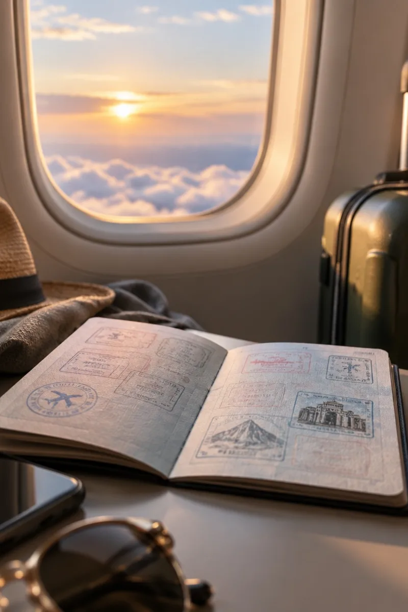 Vertical passport travel mood with soft window light and adventure readiness
