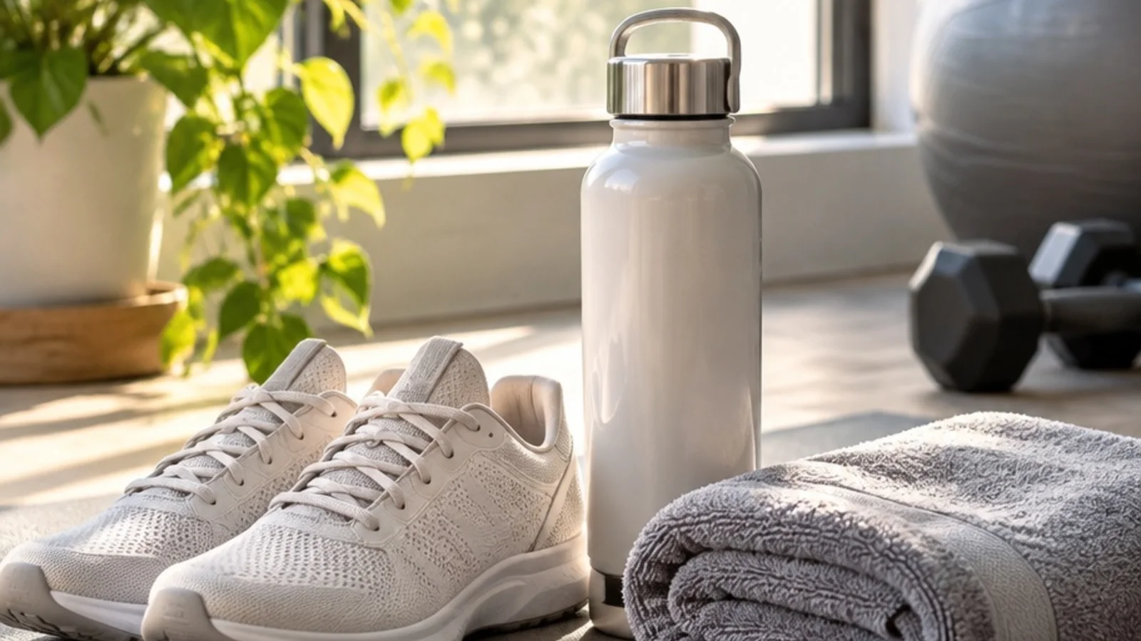 Sneakers, water bottle, and folded towel by a sunny window for fitness Instagram bio ideas