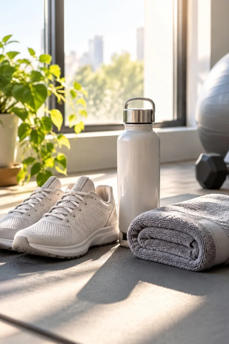 Sneakers, water bottle, and folded towel by a sunny window for fitness Instagram bios