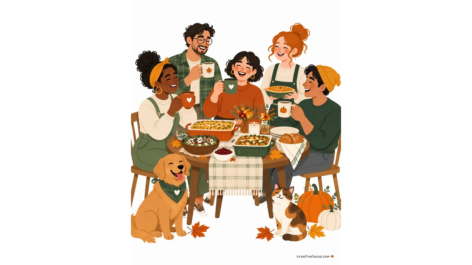 Clean illustration of friends sharing a potluck feast on a white background.