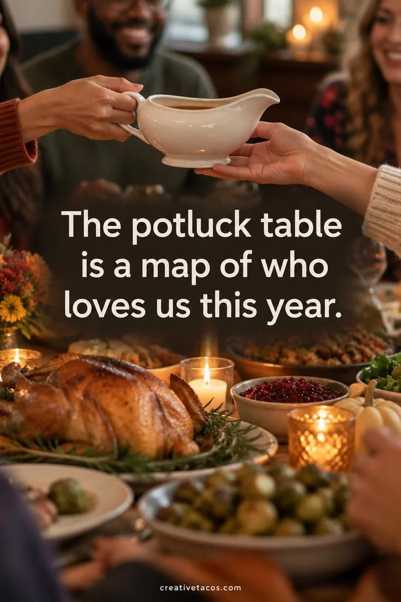 Quote card: The potluck table is a map of who loves us this year.