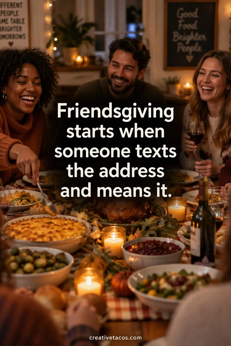 Quote card: Friendsgiving starts when someone texts the address and means it.