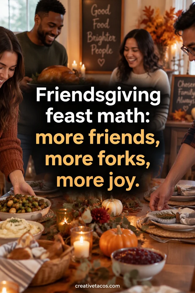 Quote card: Friendsgiving feast math: more friends, more forks, more joy.