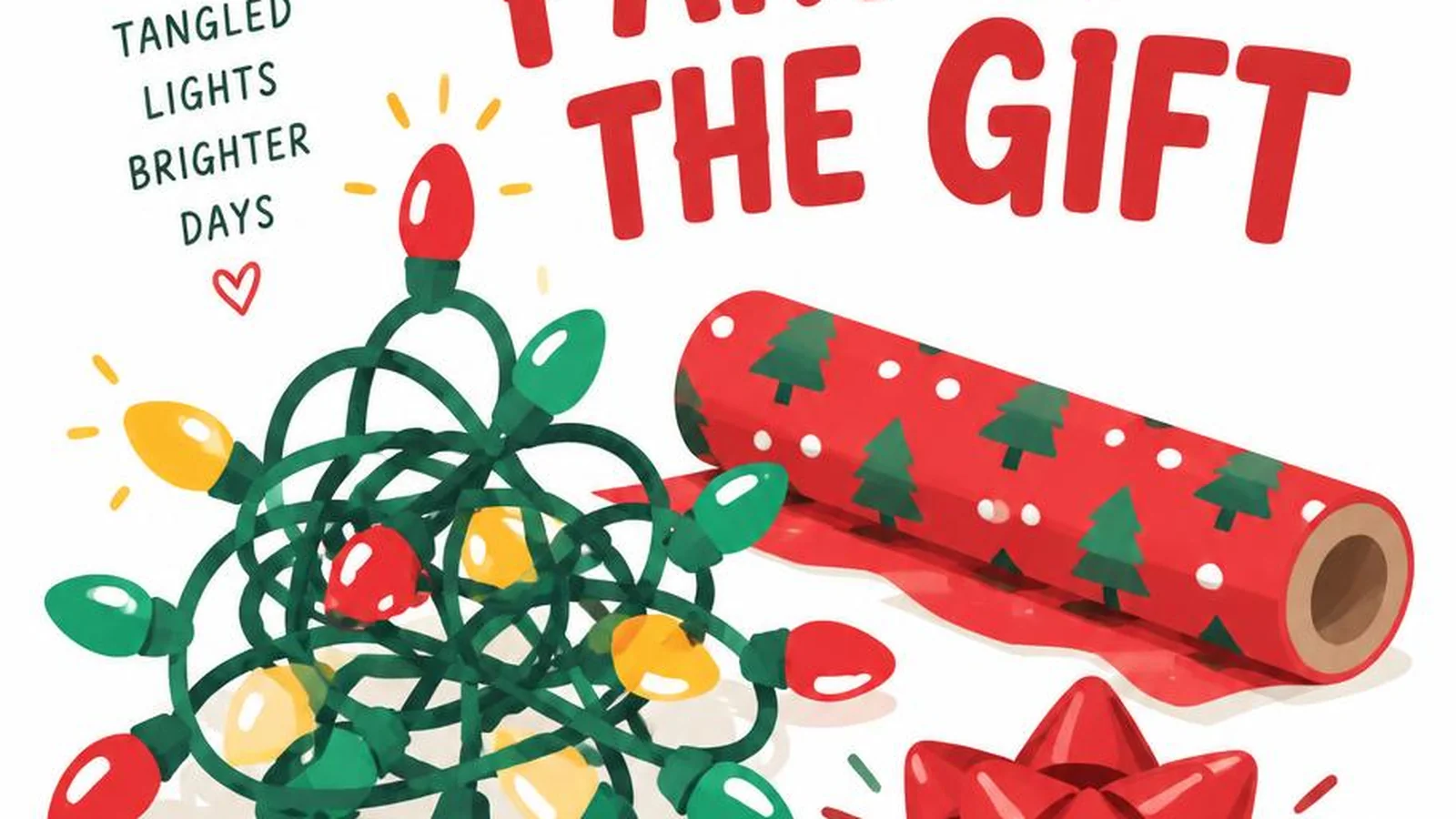 Clean illustration of Christmas lights and wrapping paper on a white background.