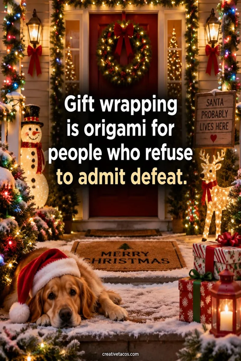 Quote card: Gift wrapping is origami for people who refuse to admit defeat.