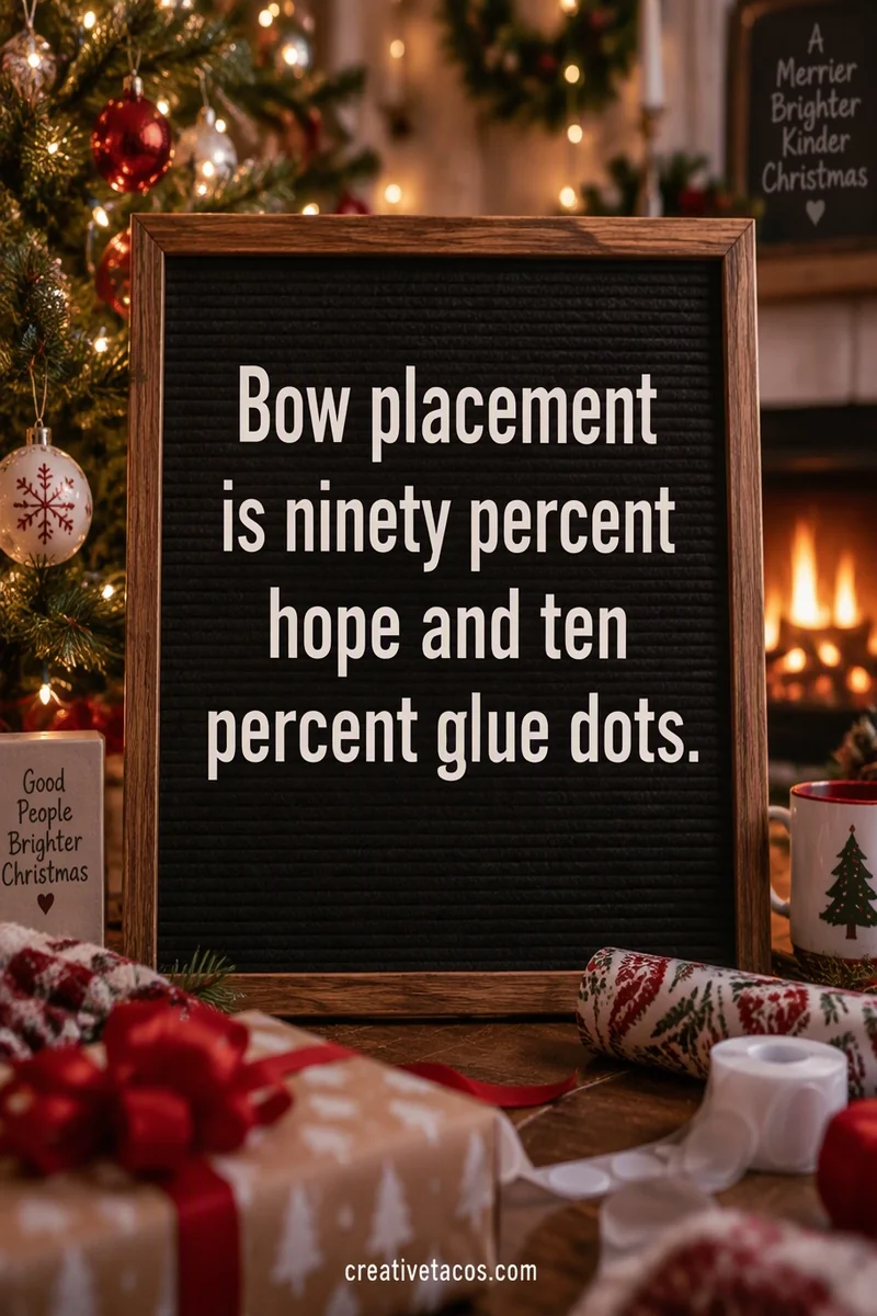 Quote card: Bow placement is ninety percent hope and ten percent glue dots.