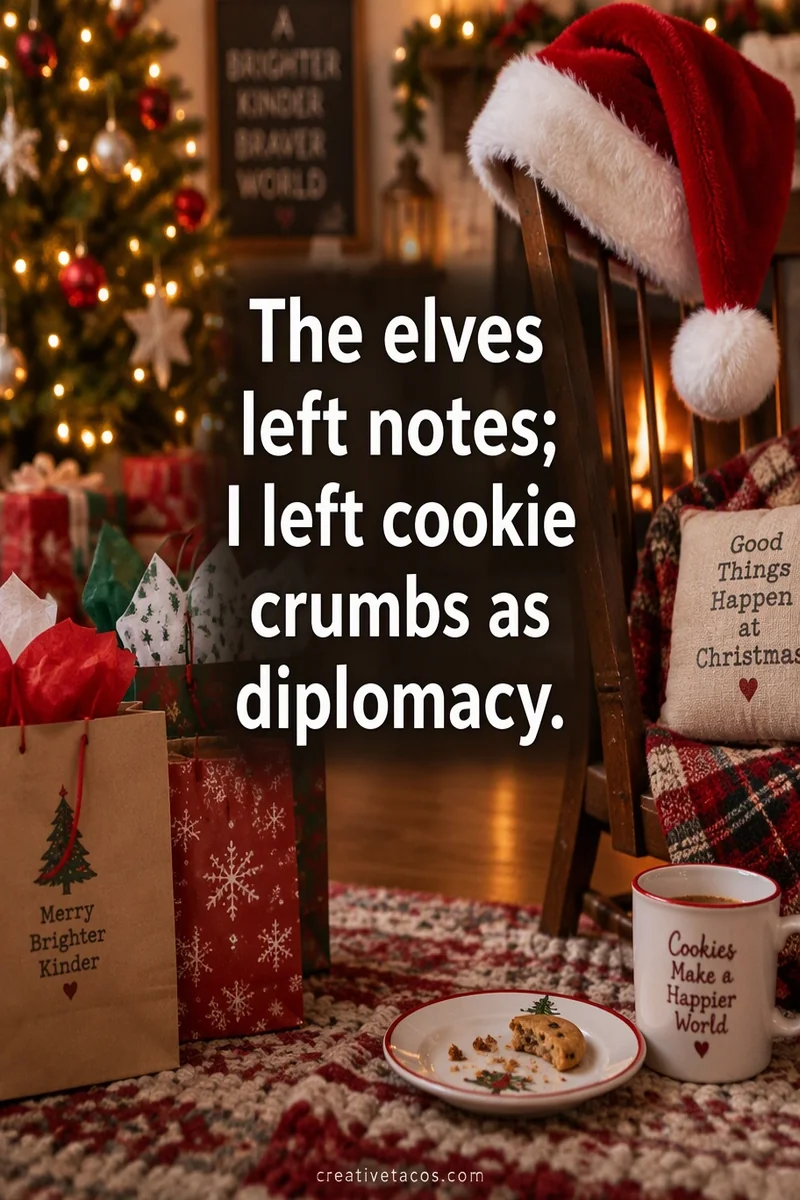 Quote card: The elves left notes; I left cookie crumbs as diplomacy.