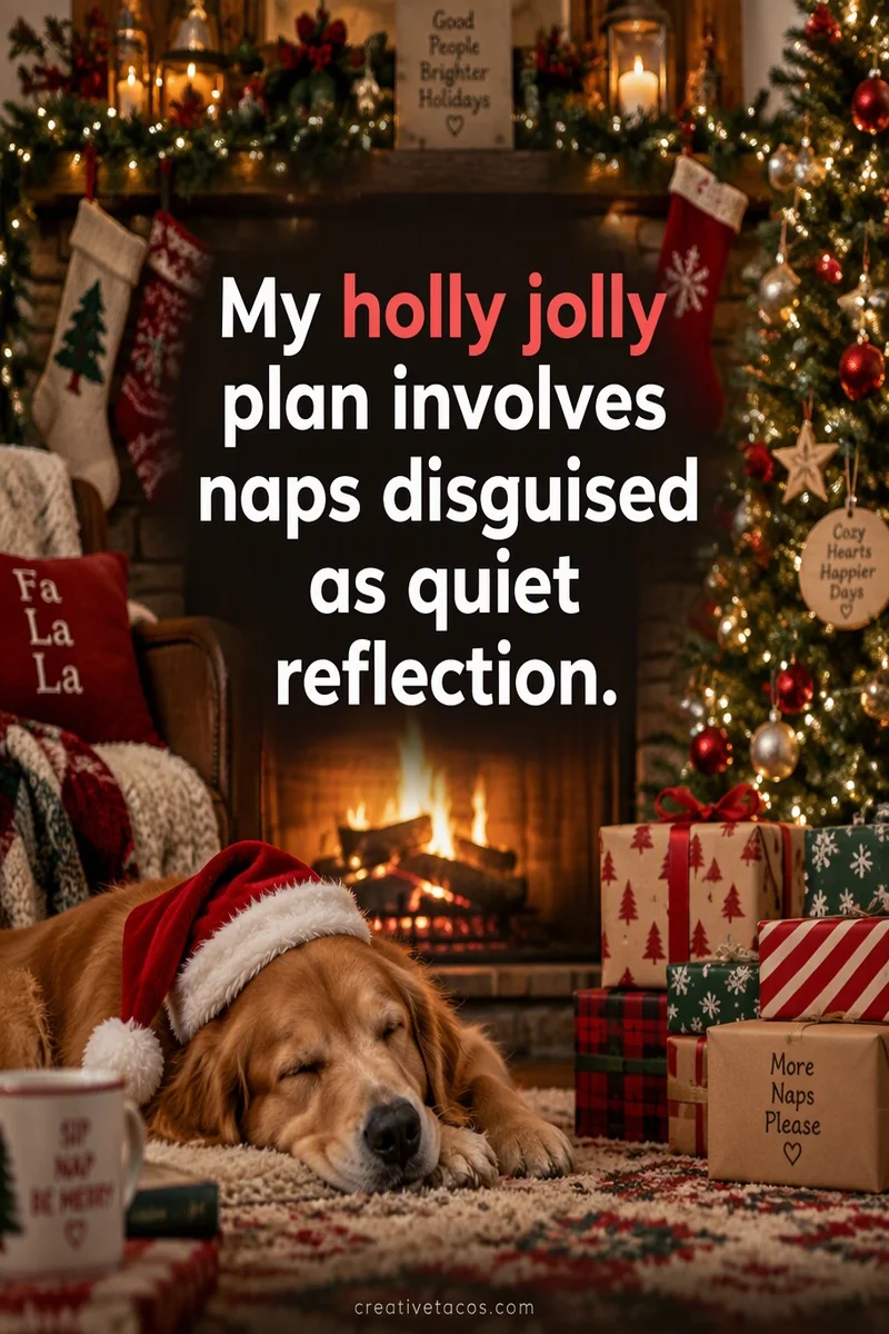 Quote card: My holly jolly plan involves naps disguised as quiet reflection.