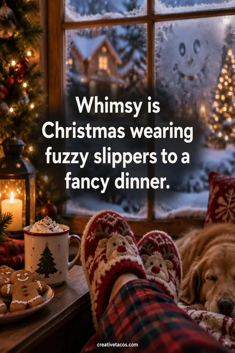 Quote card: Whimsy is Christmas wearing fuzzy slippers to a fancy dinner.